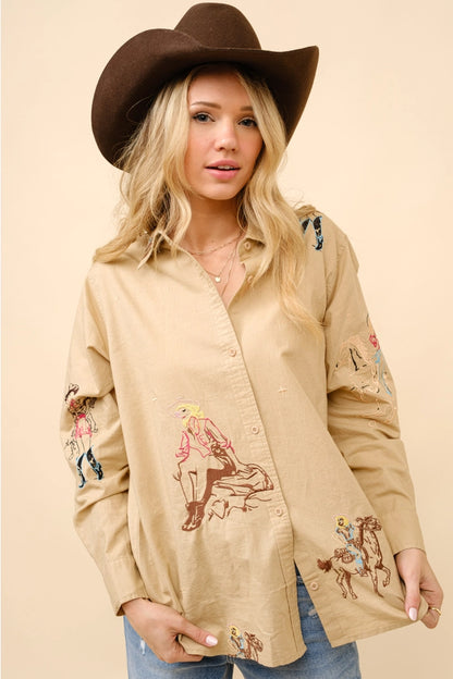 Cowgirl Motif Linen Button Up