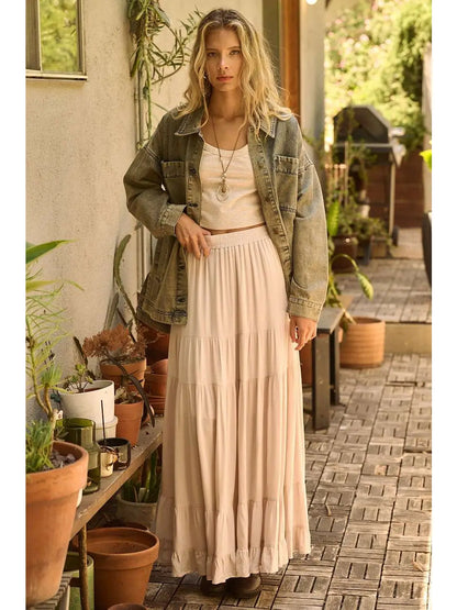 Tiered Flowy Elastic Waist Lined Maxi Skirt