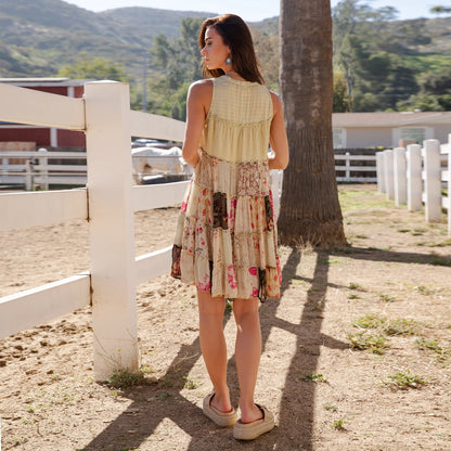 Patchwork Button Sleeveless Tunic Dress