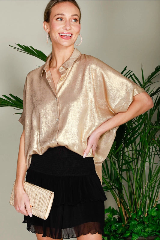 Collared Neck Button Down Metallic Woven Blouse