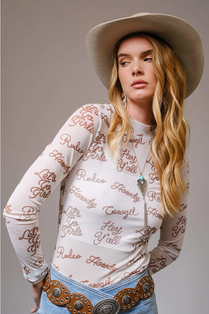 Mesh Graphic Long Sleeve Mock Neck Top
