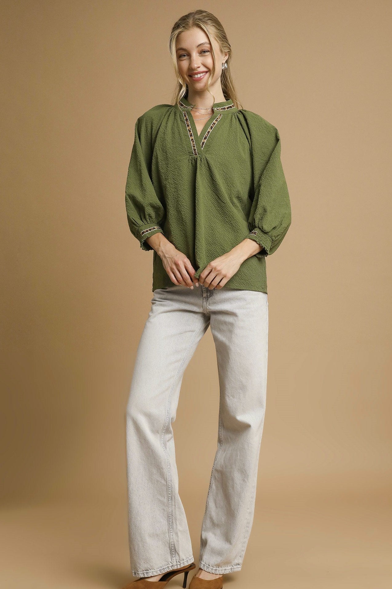 3/4 Sleeve V-Neck Blouse
