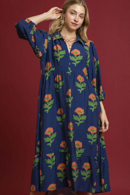 Bubble Sleeve Floral Maxi Dress