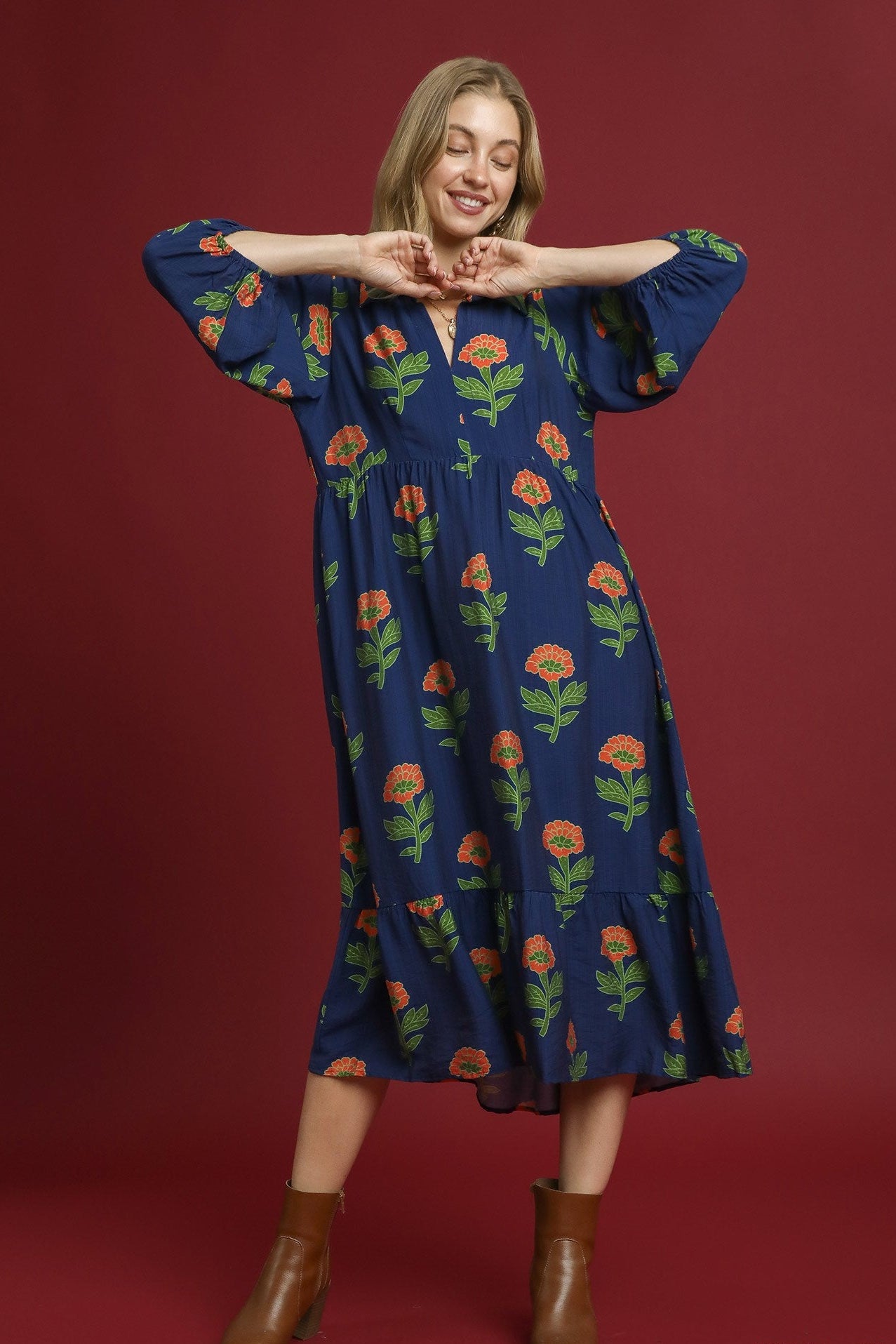 Bubble Sleeve Floral Maxi Dress