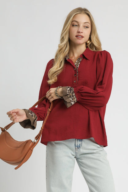 Ruffle Hem Leopard Button-Up