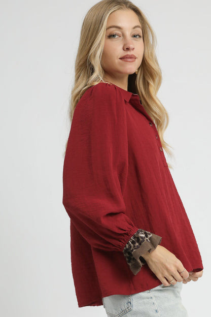 Ruffle Hem Leopard Button-Up