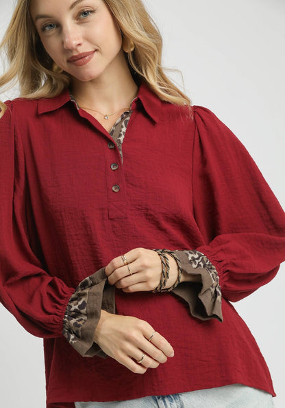 Ruffle Hem Leopard Button-Up