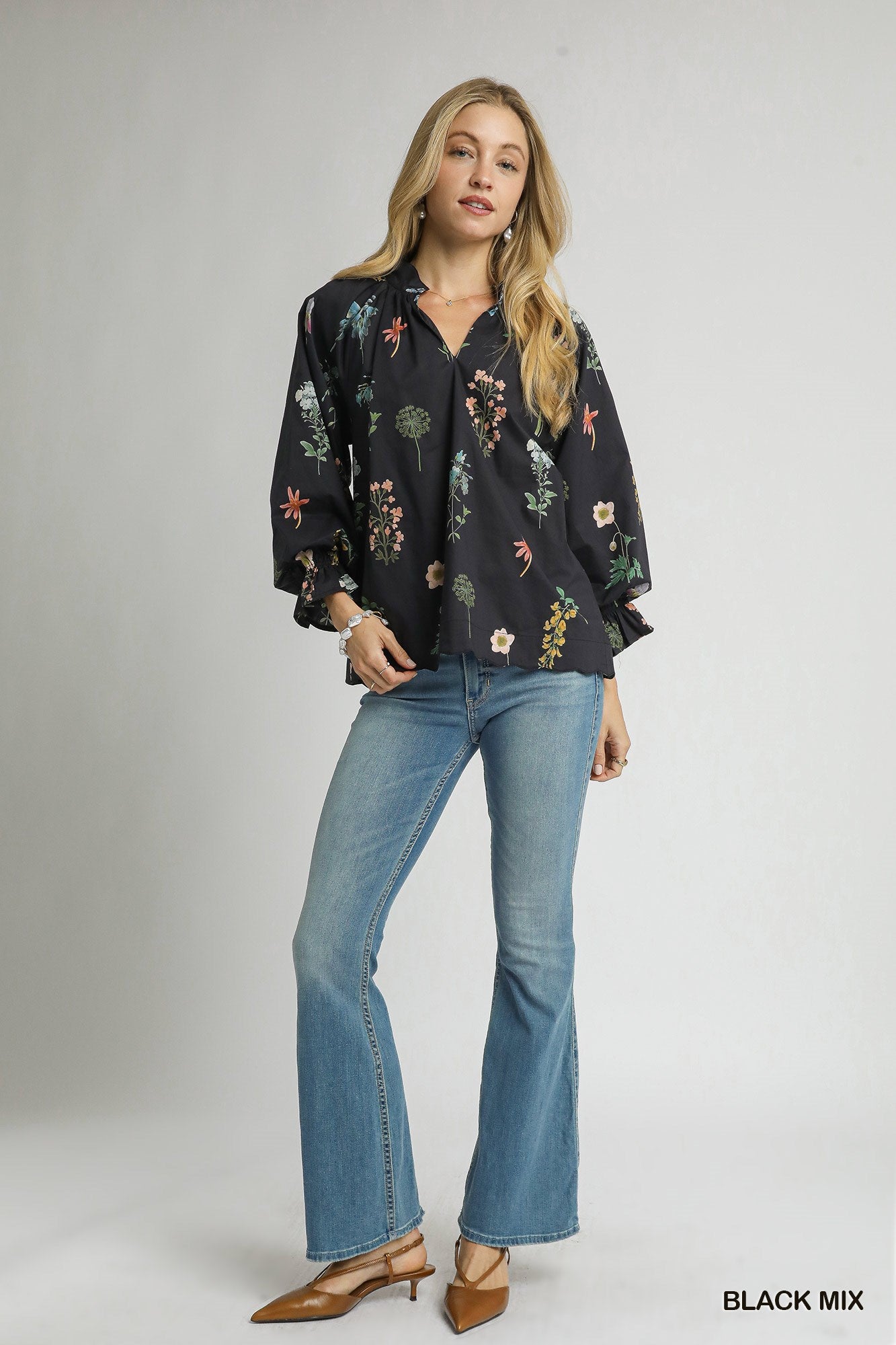 Floral Ruffle Neck Blouse