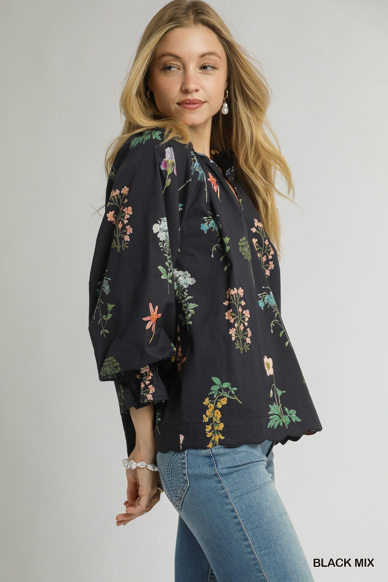 Floral Ruffle Neck Blouse