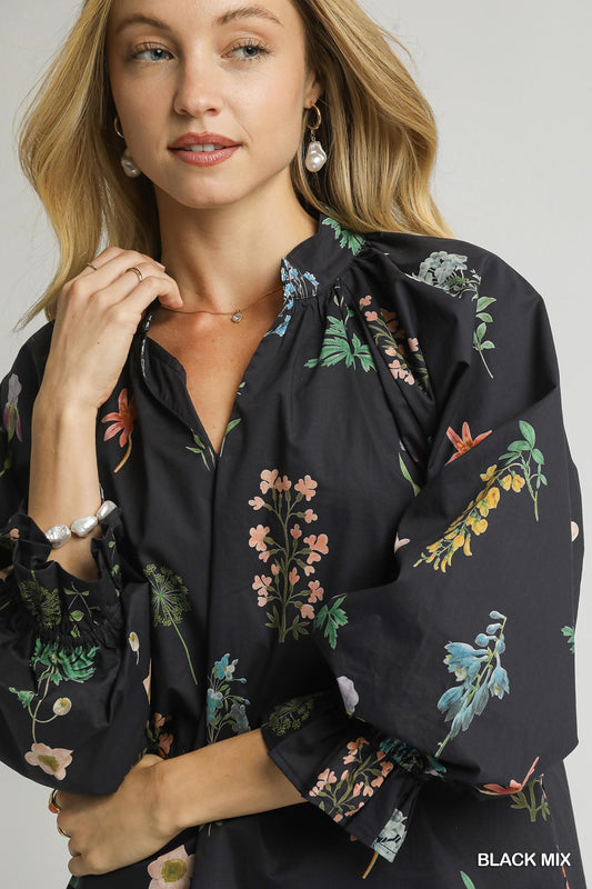 Floral Ruffle Neck Blouse