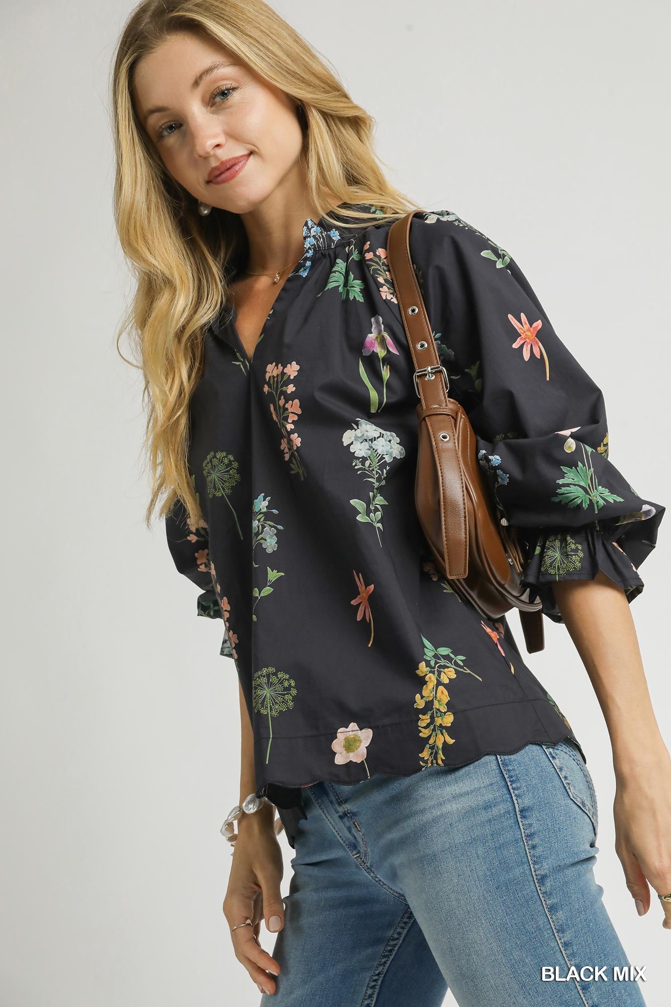 Floral Ruffle Neck Blouse