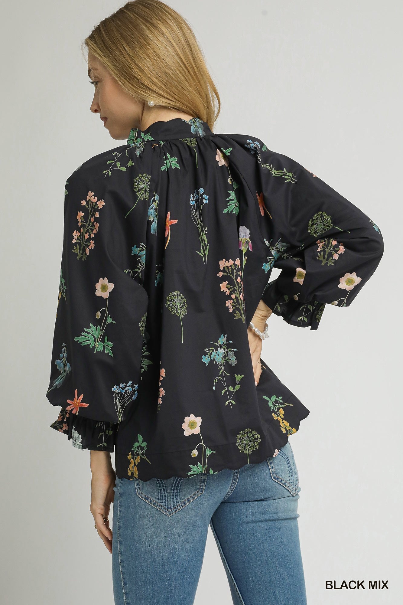 Floral Ruffle Neck Blouse