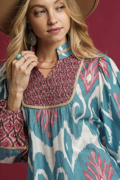 Split Neck Balloon Sleeve Blouse