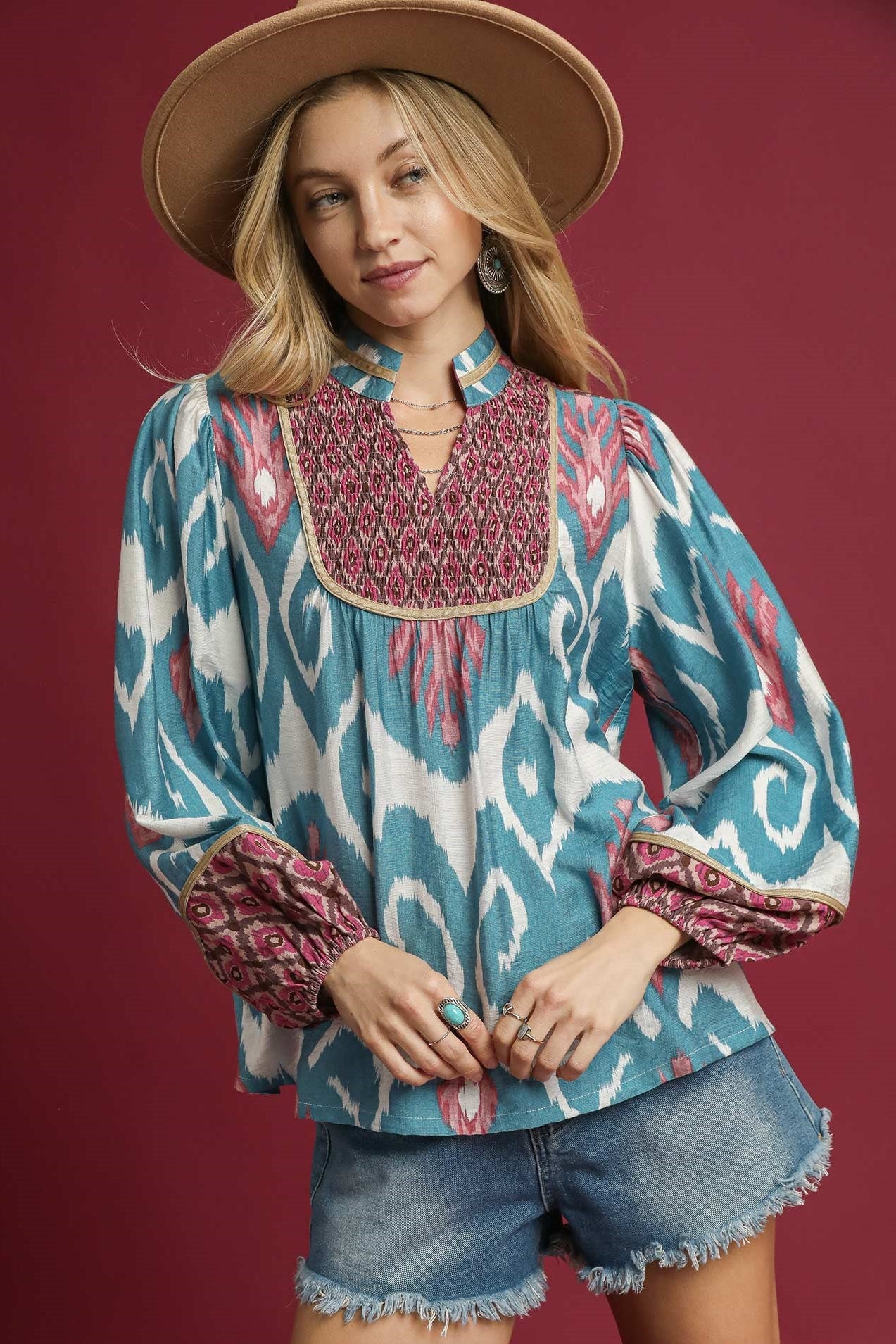 Split Neck Balloon Sleeve Blouse