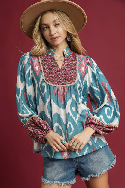 Split Neck Balloon Sleeve Blouse