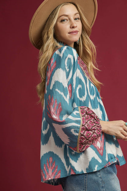 Split Neck Balloon Sleeve Blouse