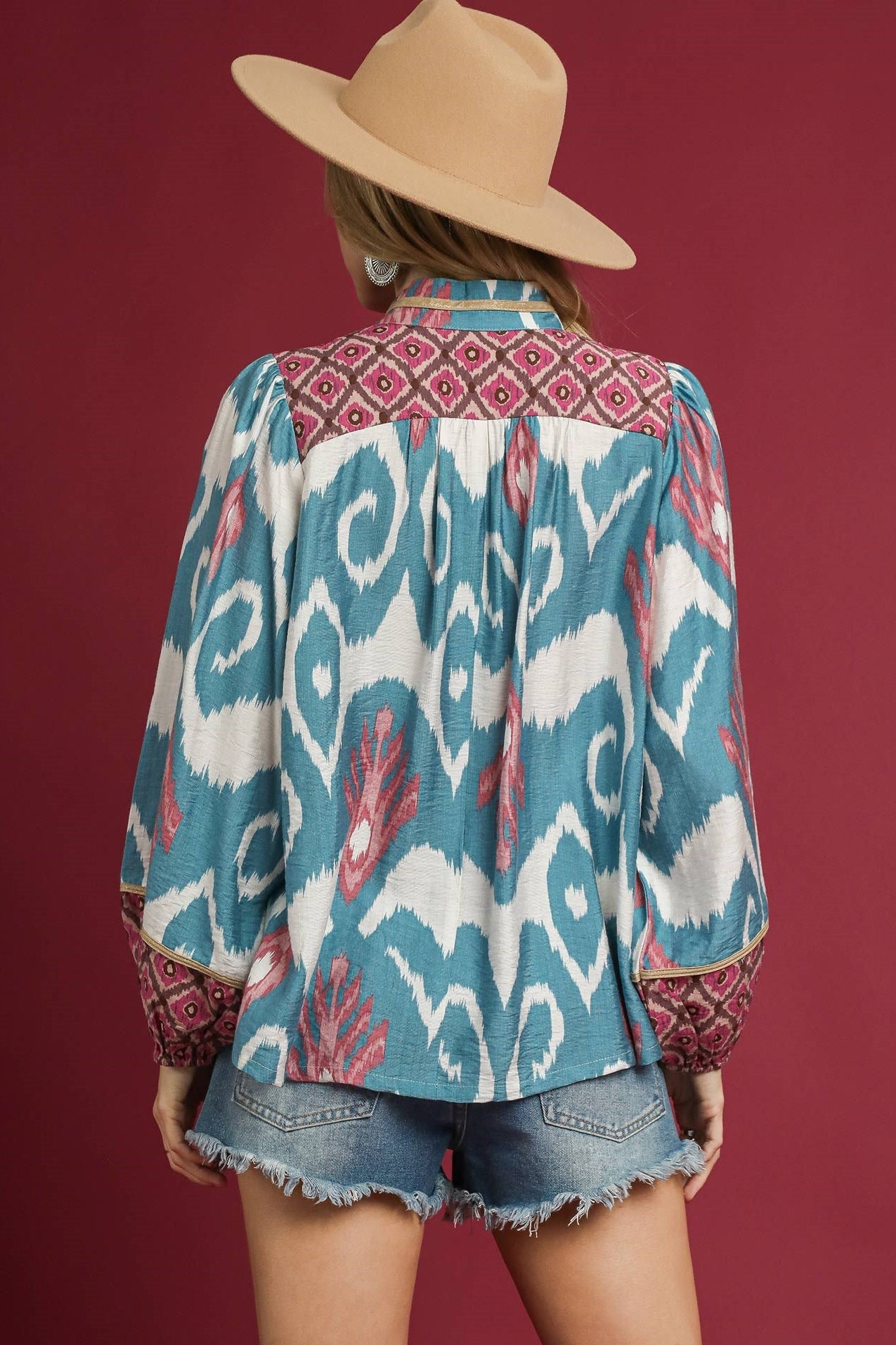 Split Neck Balloon Sleeve Blouse