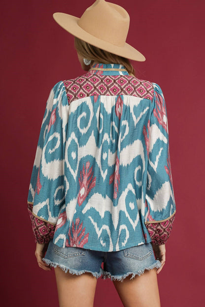 Split Neck Balloon Sleeve Blouse