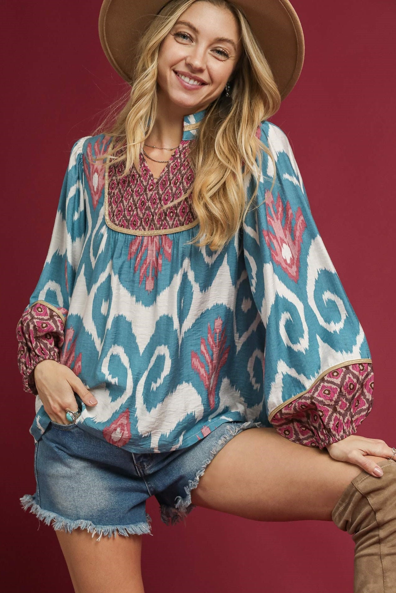 Split Neck Balloon Sleeve Blouse