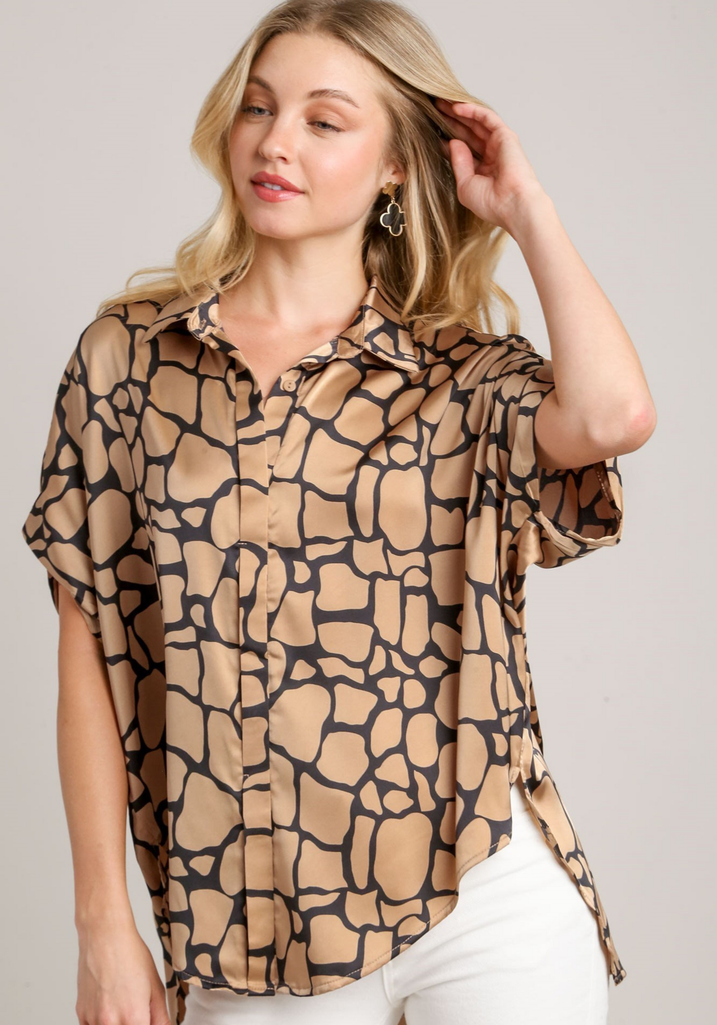 Collared Button Down Print Short Sleeve Top Side Slit