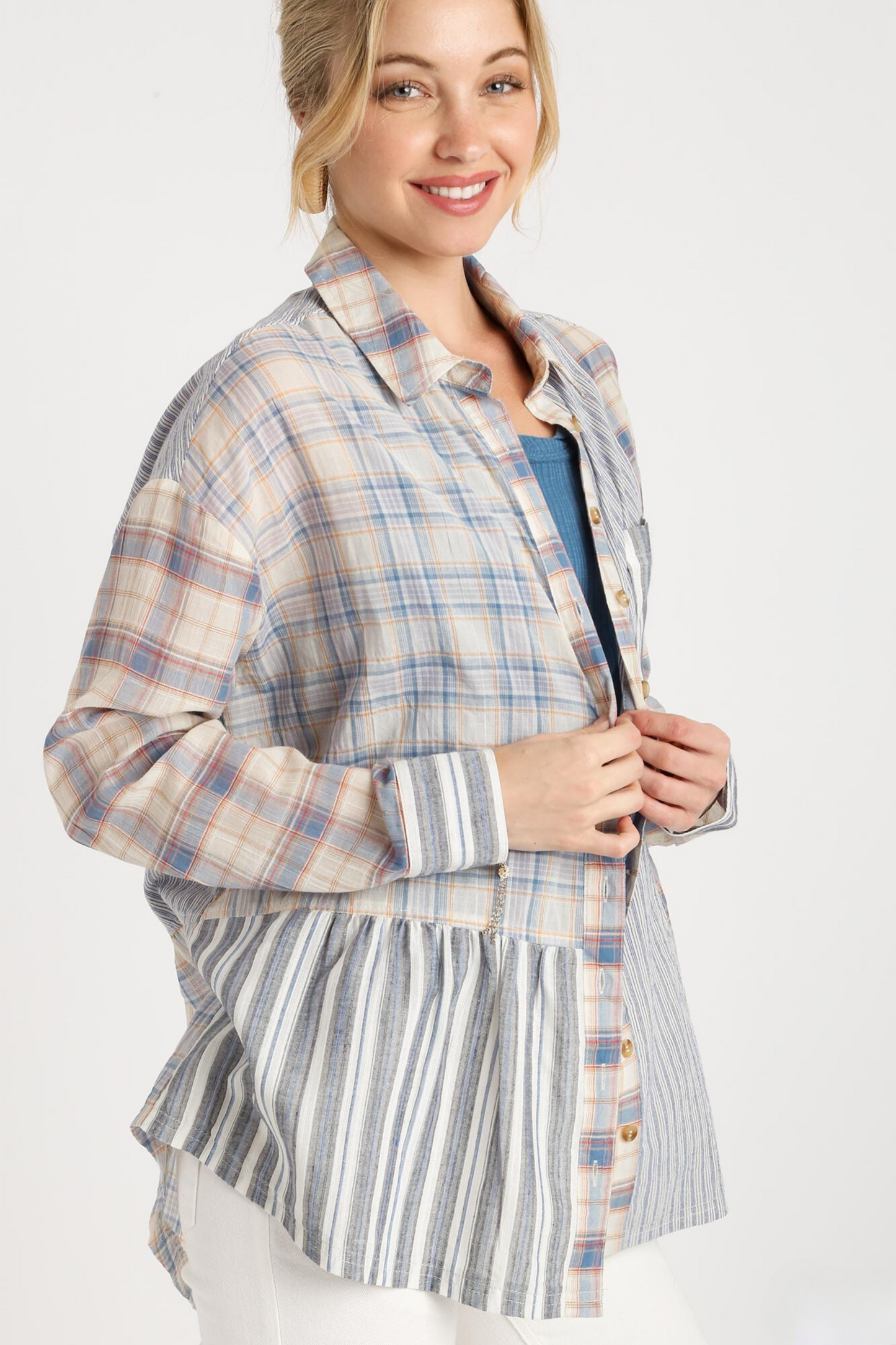 Plaid & Stripe Boxy Cut Button Down Collared Shirt with Chest Pocket