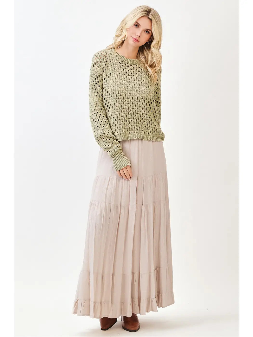 Tiered Flowy Elastic Waist Lined Maxi Skirt