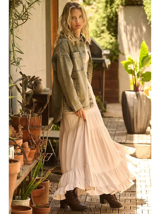 Tiered Flowy Elastic Waist Lined Maxi Skirt