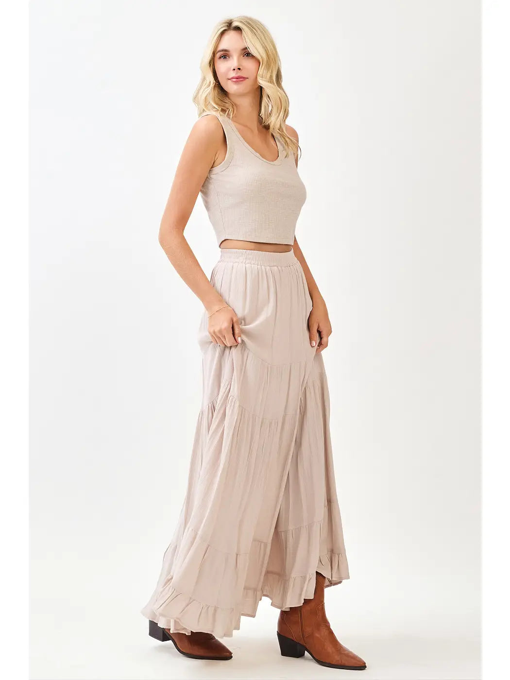 Tiered Flowy Elastic Waist Lined Maxi Skirt