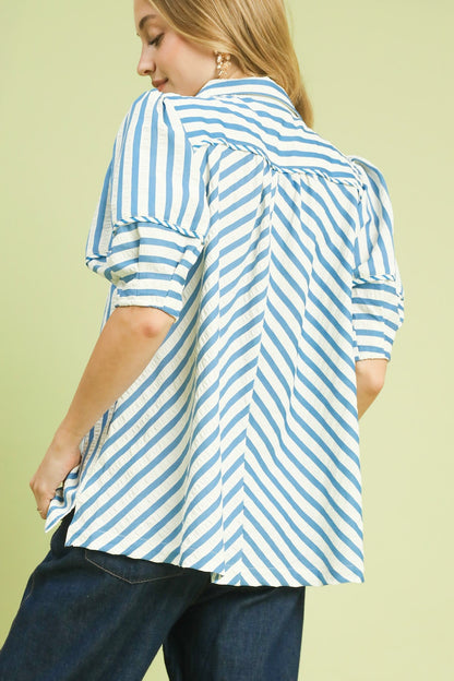 Seersucker Stripe Puff Sleeve Top