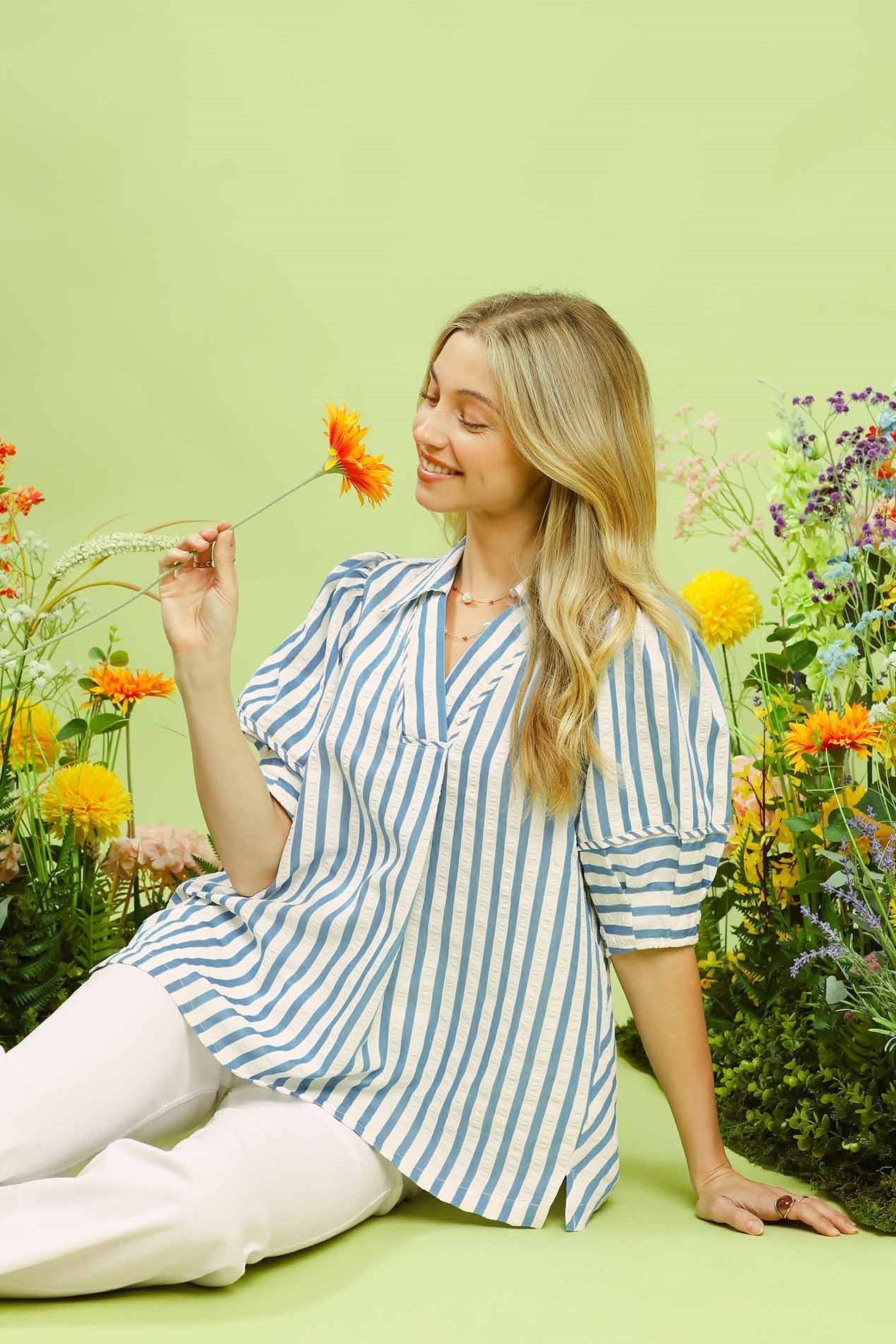 Seersucker Stripe Puff Sleeve Top