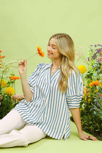 Seersucker Stripe Puff Sleeve Top