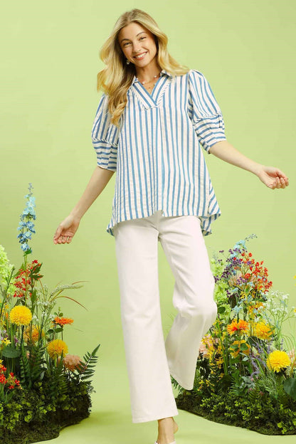 Seersucker Stripe Puff Sleeve Top