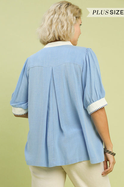 Linen Contrast Trim Blouse