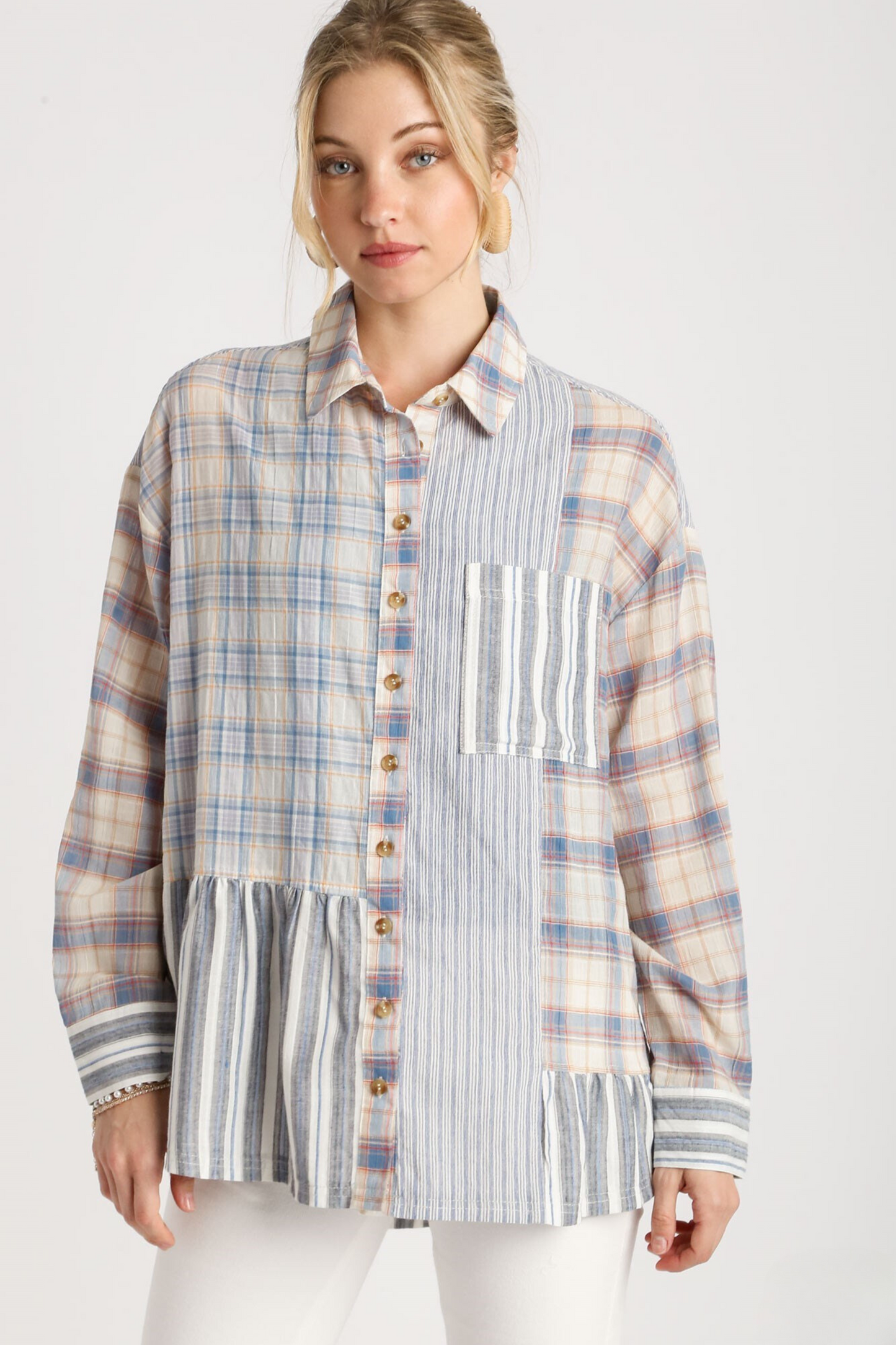 Plaid & Stripe Boxy Cut Button Down Collared Shirt with Chest Pocket