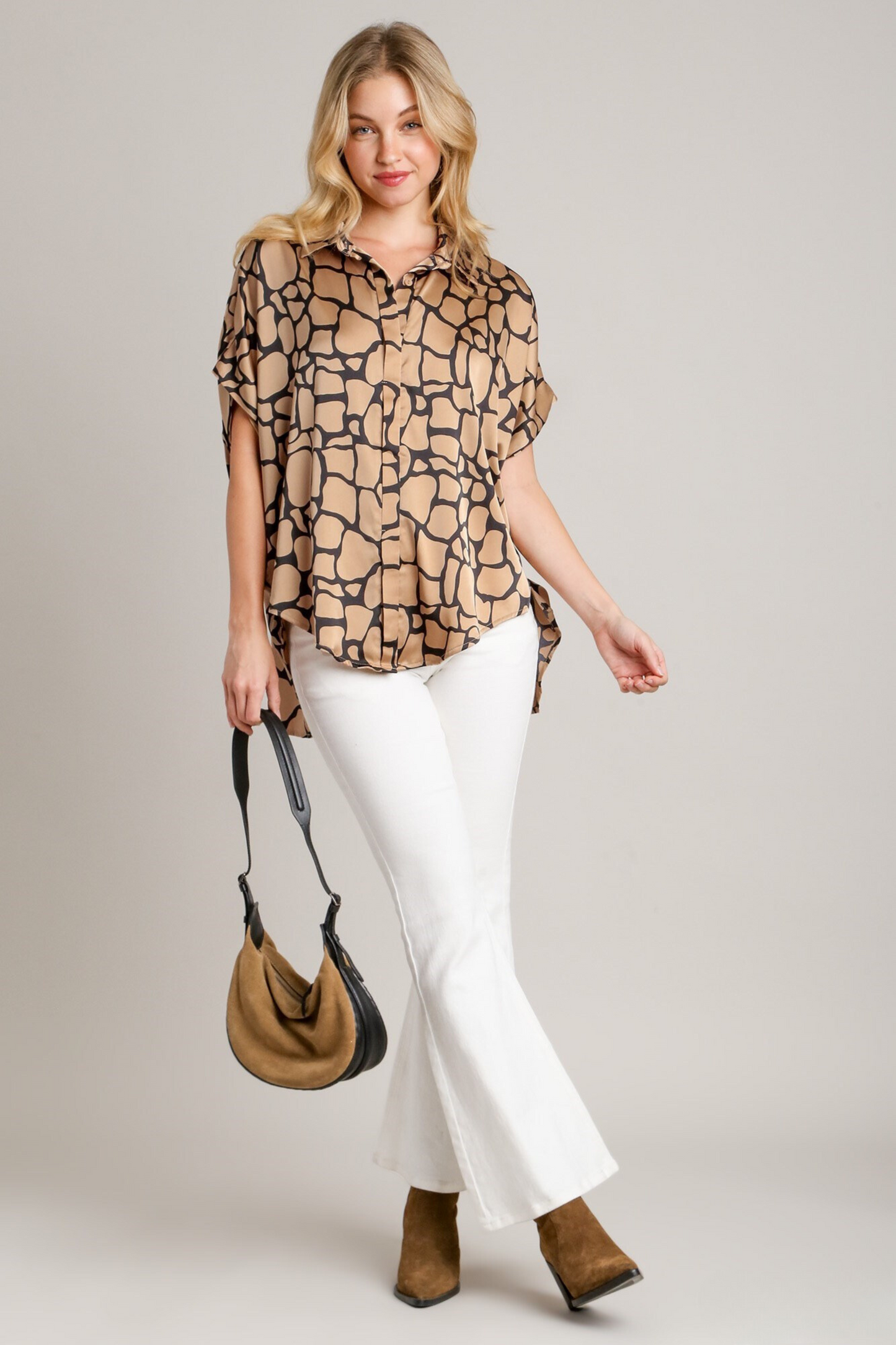 Collared Button Down Print Short Sleeve Top Side Slit