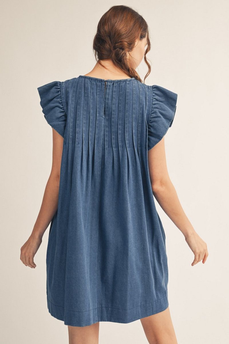 Ruffle Sleeve Washed Denim Dress