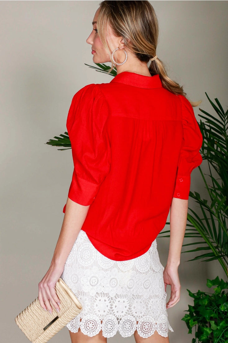 Collared Neckline Puff Short Sleeve Blouse