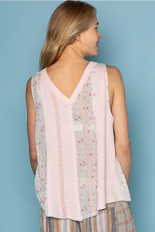 Oversized V-Neck Sleeveless Lace Trim Top