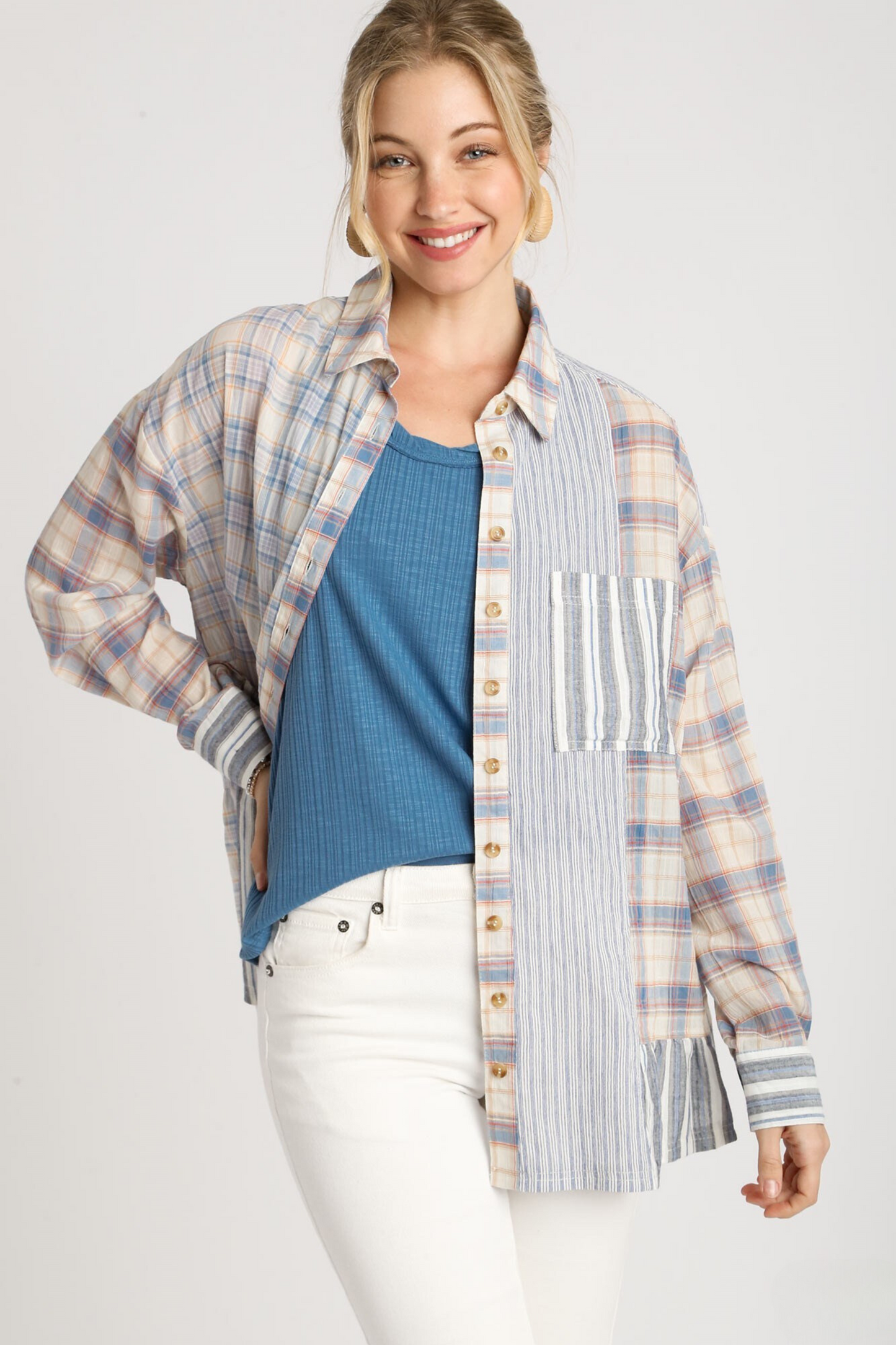 Plaid & Stripe Boxy Cut Button Down Collared Shirt with Chest Pocket