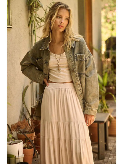 Tiered Flowy Elastic Waist Lined Maxi Skirt