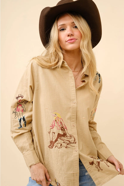 Cowgirl Motif Linen Button Up