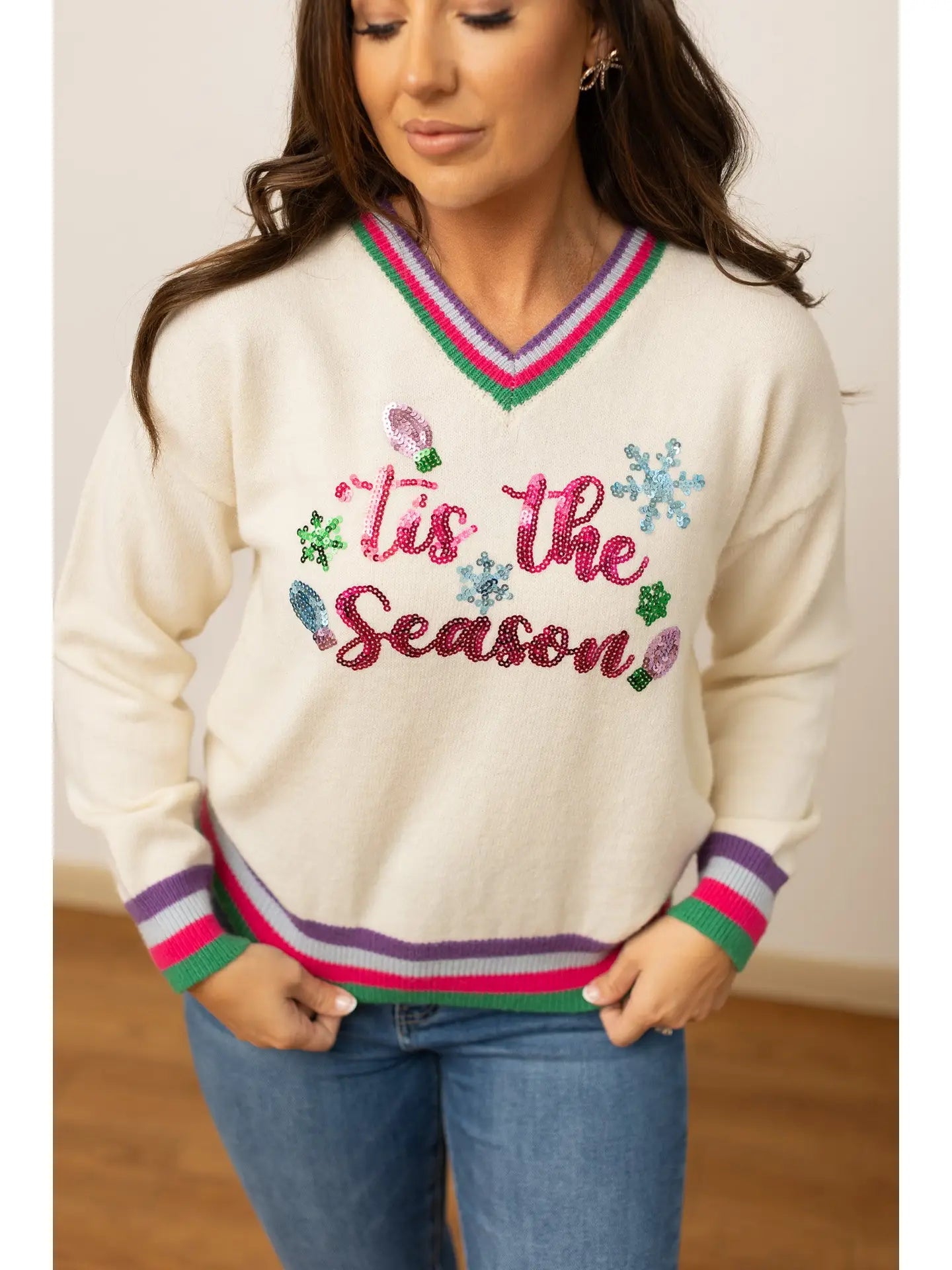 Tis the Season Sequin Cream Sweater