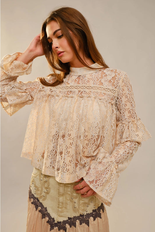 Long Sleeve High Neck Lace Top