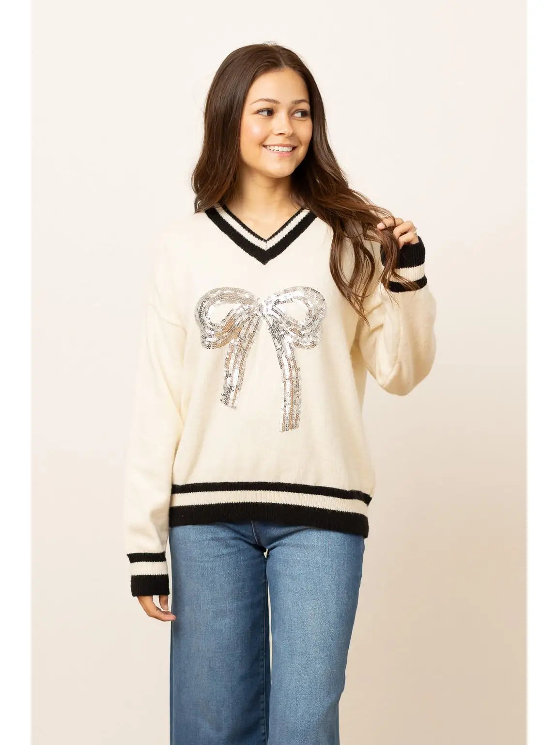 Silver Sequin Bow Sweater: Cream & Black Chic