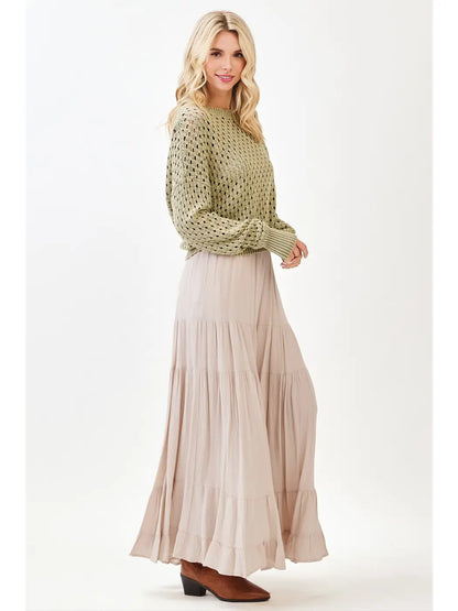 Tiered Flowy Elastic Waist Lined Maxi Skirt