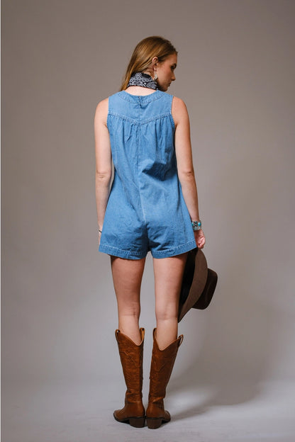 Tie Front Embroidered Denim Romper