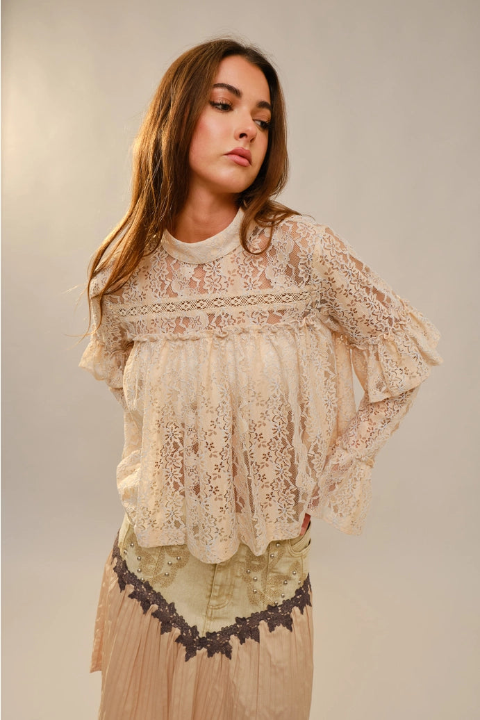 Long Sleeve High Neck Lace Top