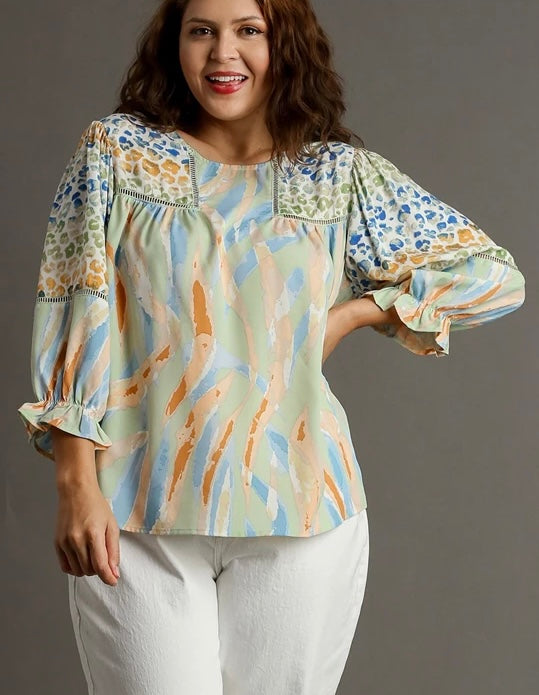 Mixed Print Top with 3/4 Sleeves and Lace Trim