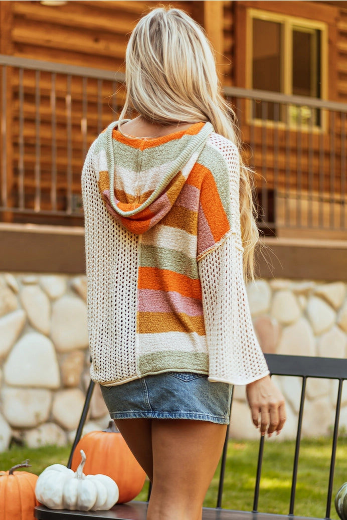 Colorblock V-Neck Hooded Oversized Sweater