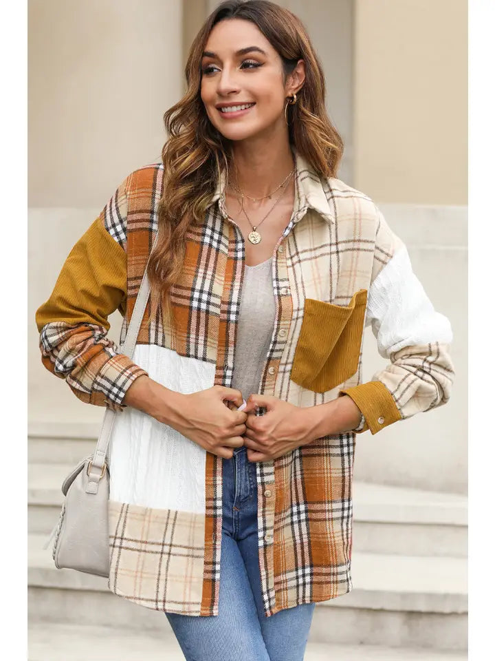 Color Block Patchwork Shirt Jacket with Pocket